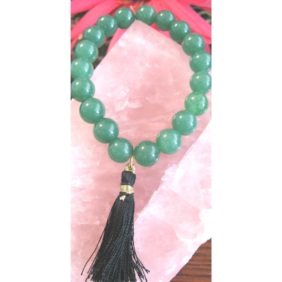 New Natural Green Aventurine Good Luck Beaded Cuff Bracelet w/ Tassel - Picture 3 of 5